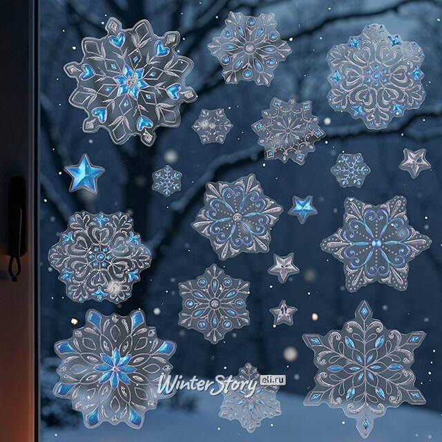 Новогодние наклейки на окно Снежинки - Серебряный Звон 32*23 см Winter Deco