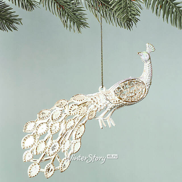 Елочная игрушка Павлин Rainbow Glow 20 см белый с золотым Winter Deco