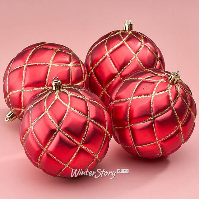 Елочные шары Matelasse 10 см красный, 4 шт, пластик Winter Deco
