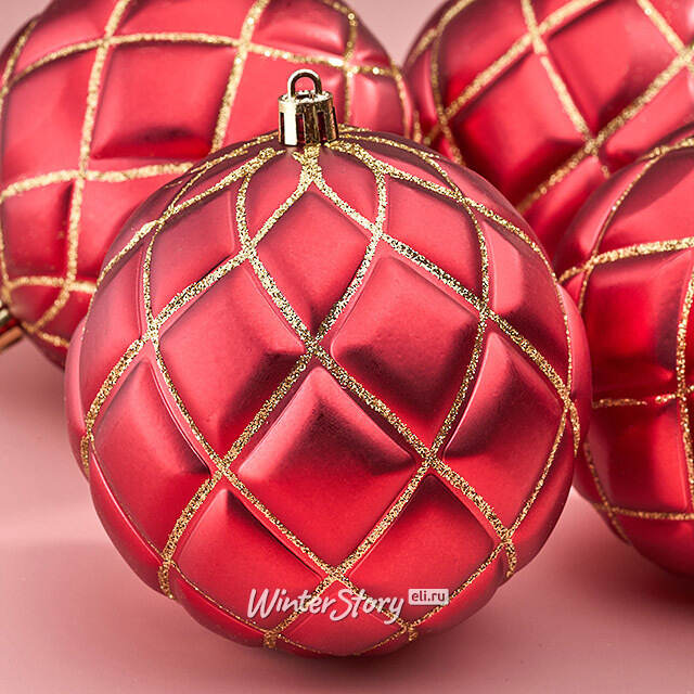 Елочные шары Matelasse 10 см красный, 4 шт, пластик Winter Deco