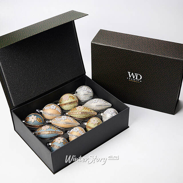 Елочные шары Ricchezza Di Fiori 8-12 см, 12 шт, подарочная коробка, стекло Winter Deco