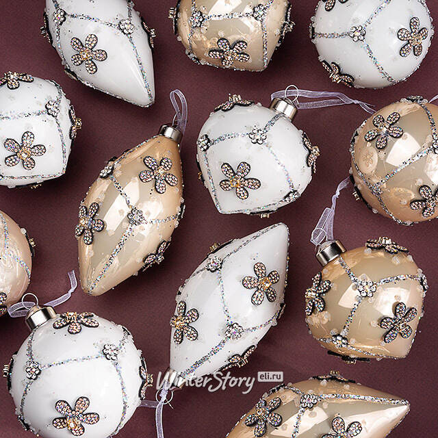 Елочные шары Caleidoscopio Floreale 8 см кремовый, 12 шт, подарочная коробка, стекло Winter Deco