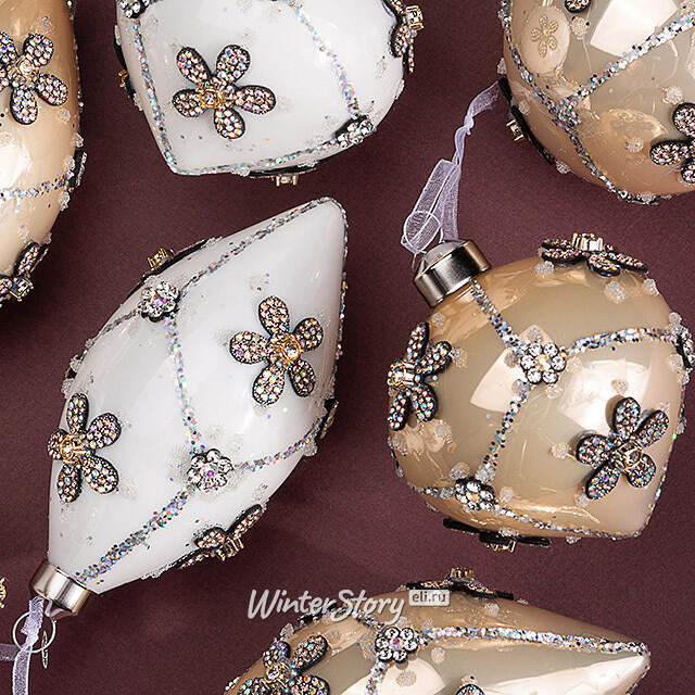 Елочные шары Caleidoscopio Floreale 8 см кремовый, 12 шт, подарочная коробка, стекло Winter Deco