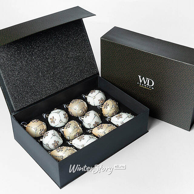 Елочные шары Caleidoscopio Floreale 8 см кремовый, 12 шт, подарочная коробка, стекло Winter Deco