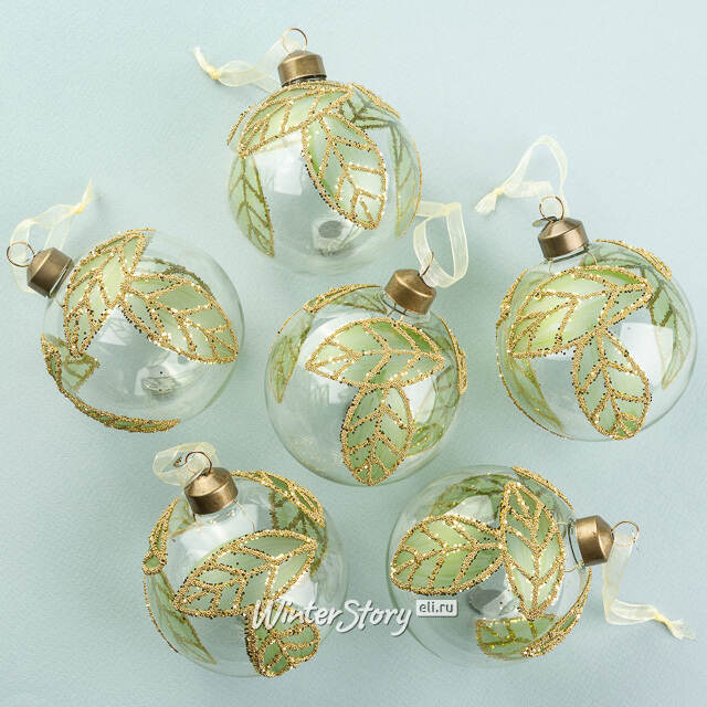 Елочные шары Fogliame Primaverile 8 см, 6 шт, стекло Winter Deco