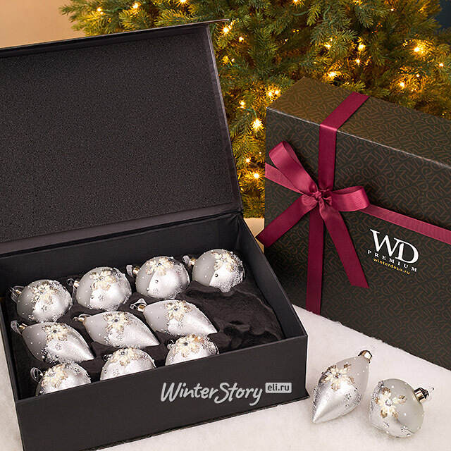 Елочные шары Neve Argentea 8-12 см, 12 шт, подарочная коробка, стекло Winter Deco
