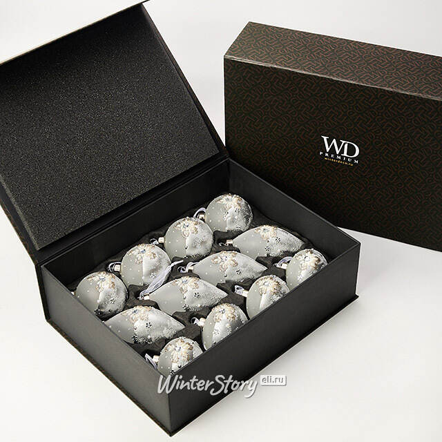 Елочные шары Neve Argentea 8-12 см, 12 шт, подарочная коробка, стекло Winter Deco