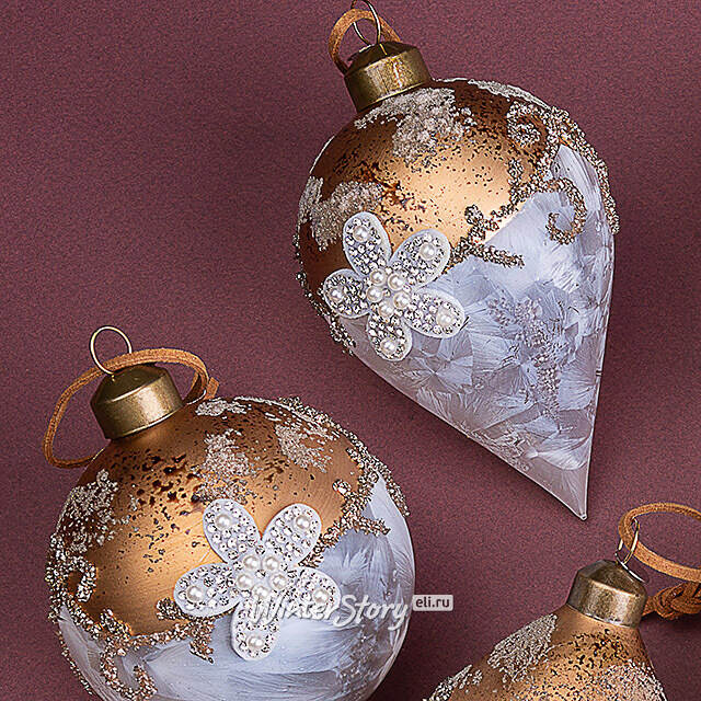 Елочные шары Fiori Di Perle 8-12 см золотой, 12 шт, подарочная коробка, стекло Winter Deco