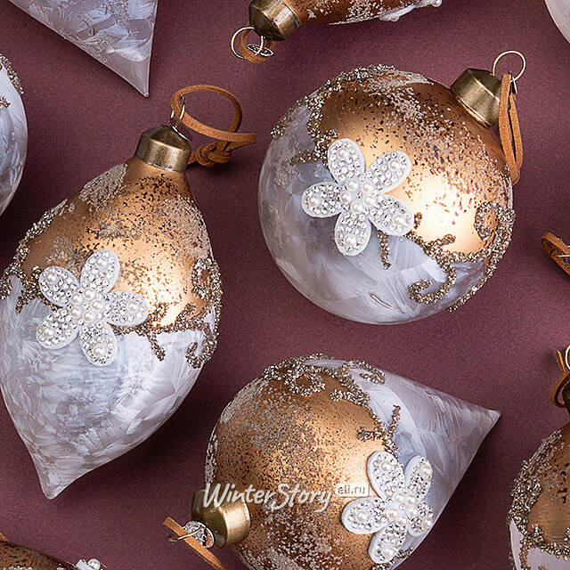 Елочные шары Fiori Di Perle 8-12 см золотой, 12 шт, подарочная коробка, стекло Winter Deco