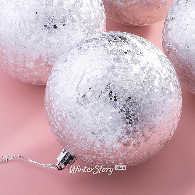 Елочные шары Craquelure 10 см серебряные, 4 шт, пластик Winter Deco