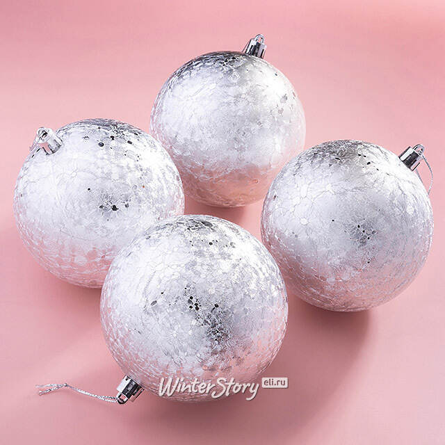 Елочные шары Craquelure 10 см серебряные, 4 шт, пластик Winter Deco
