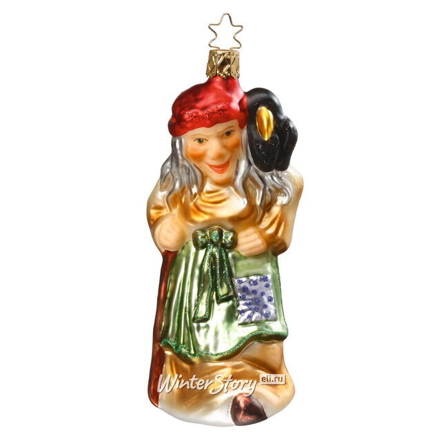 Стеклянная елочная игрушка Бабушка Яга с вороном 14 см, подвеска Inge Glas