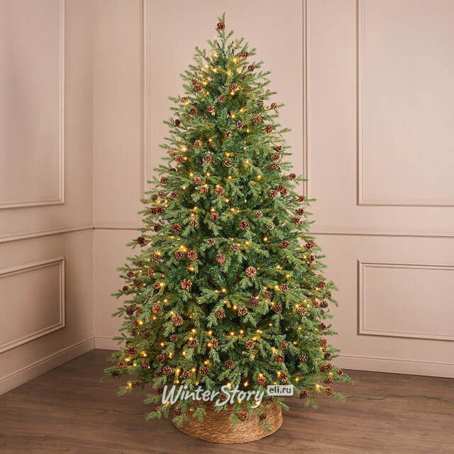 Искусственная елка с лампочками Кедровая с шишками 120 cм, 130 теплых белых LED ламп, ЛИТАЯ + ПВХ  Winter Deco