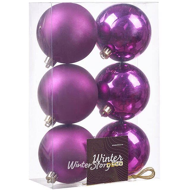 Набор пластиковых шаров 8 см, 6 шт, фиолетовый, пластик Winter Deco
