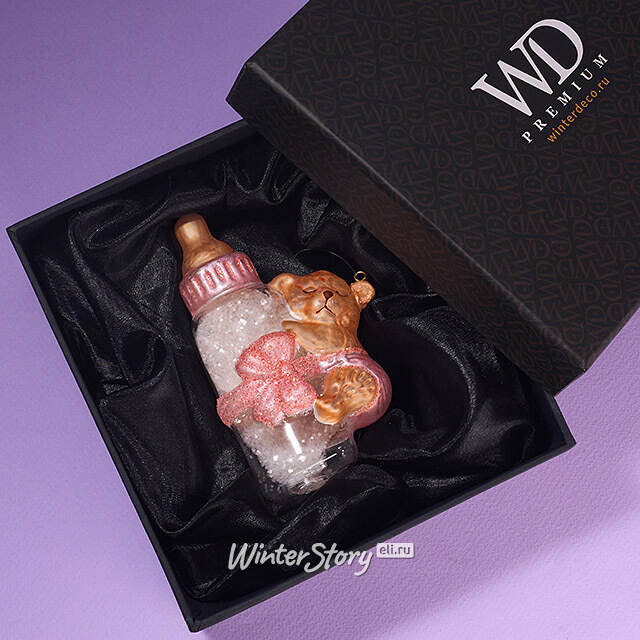 Елочная игрушка Бутылочка - Мишкины Сны 12 см розовая в подарочной коробке, стекло Winter Deco
