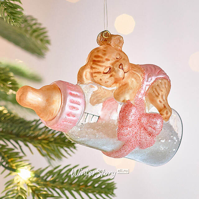 Елочная игрушка Бутылочка - Мишкины Сны 12 см розовая в подарочной коробке, стекло Winter Deco