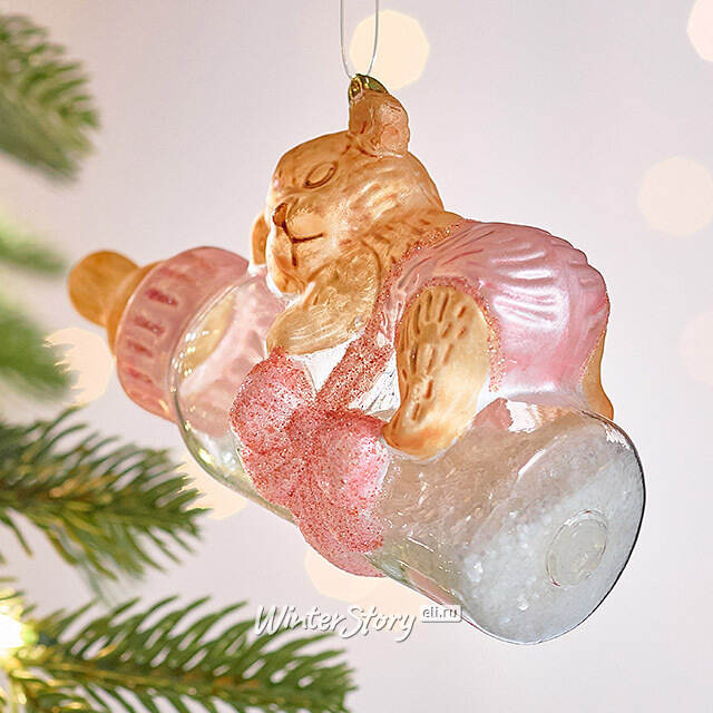 Елочная игрушка Бутылочка - Мишкины Сны 12 см розовая в подарочной коробке, стекло Winter Deco