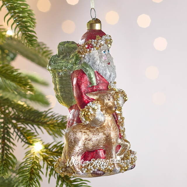 Елочная игрушка Дед Мороз с Оленем - Magic Moments 14 см в подарочной коробке, стекло Winter Deco