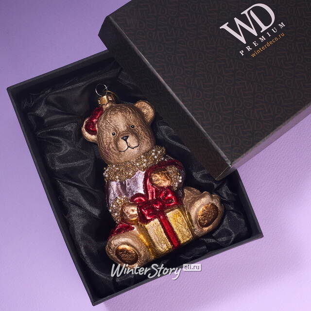 Елочная игрушка Медвежонок Тедди с Подарком - Harrods Bears 14 см в подарочной коробке, стекло Winter Deco