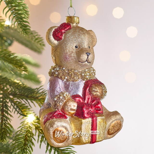 Елочная игрушка Медвежонок Тедди с Подарком - Harrods Bears 14 см в подарочной коробке, стекло Winter Deco