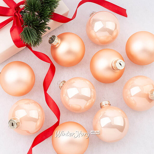 Елочные шары 6 см персиковый mix, 10 шт, стекло Winter Deco