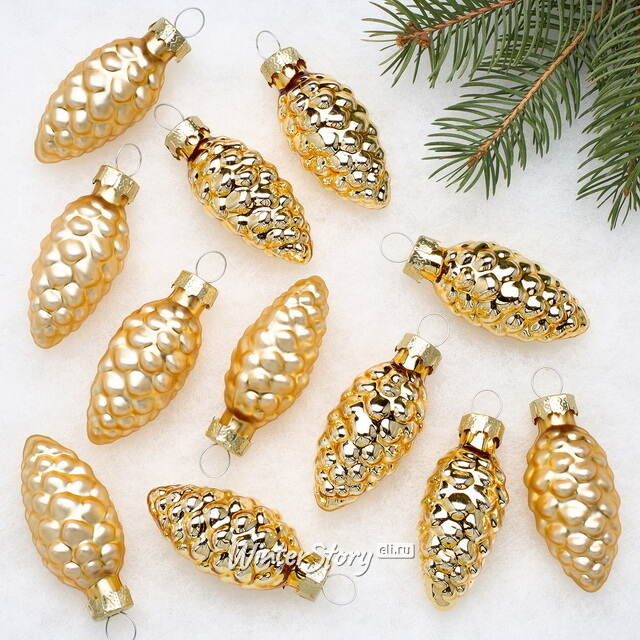 Елочные игрушки Шишки 6 см золотой микс, 12 шт, стекло Winter Deco