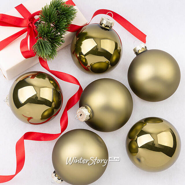 Набор стеклянных шаров 8 см оливковый бархат mix, 6 шт Winter Deco