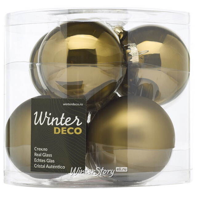 Набор стеклянных шаров 8 см оливковый бархат mix, 6 шт Winter Deco