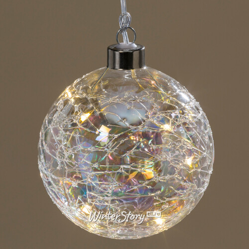 Подвесной светильник Шар Джилли 12 см прозрачный перламутр, 10 микро LED ламп, на батарейках, стекло Boltze