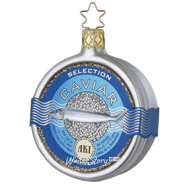 Стеклянная елочная игрушка Баночка Черной Икры - Sacrofano 8 см, голубая Inge Glas