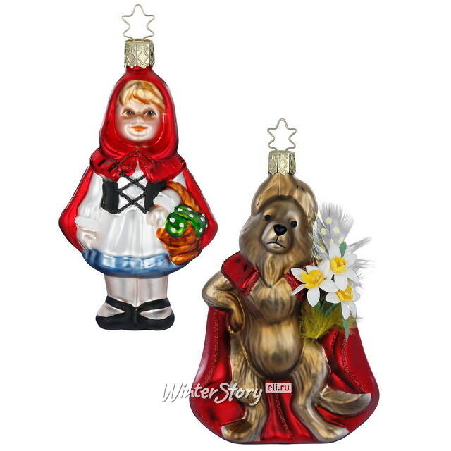 Стеклянные елочные игрушки Красная Шапочка и Волк 12-14 см, 2 шт Inge Glas (Инге Глас)