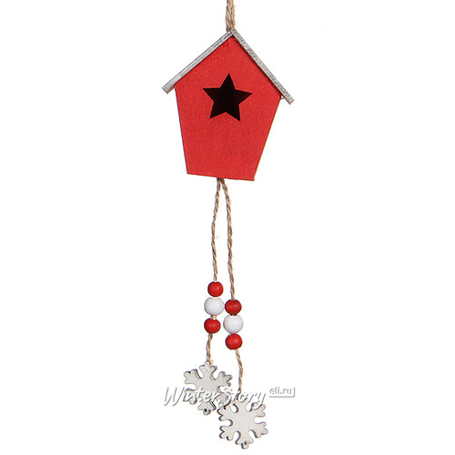 Деревянная елочная игрушка Скворечник со снежинками 29*6 см красный, подвеска Edelman
