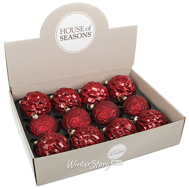 Набор винтажных шаров Блестящие Грани 8 см красный 12 шт, стекло Edelman