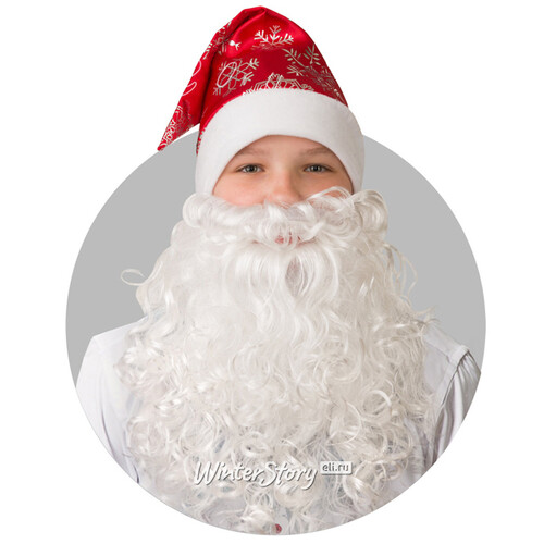 Колпак Деда Мороза со снежинками красный + борода Батик