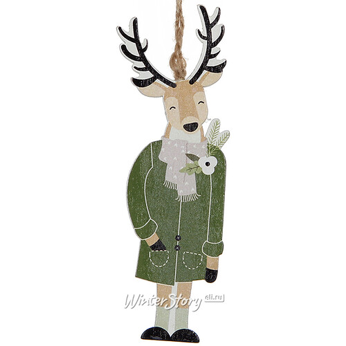 Деревянная елочная игрушка Олень Аристократ в темно-зеленом пальто 16 см, подвеска Edelman