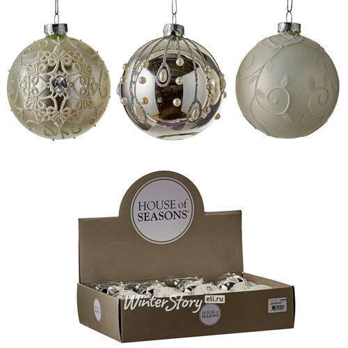 Набор стеклянных шаров Рождественская Соната 8 см белый с серебряным, 12 шт Edelman