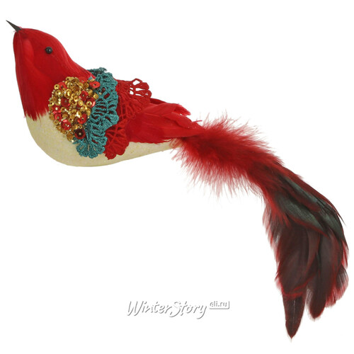 Ёлочное украшение Птица Роксоланы 24 см, красная, клипса Noel Collection (Katherine’s Style)
