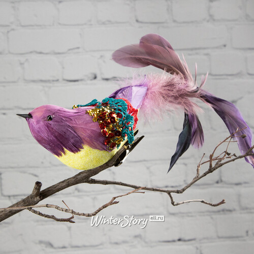 Ёлочное украшение Птица Роксоланы 24 см, фиолетовая, клипса Noel Collection (Katherine’s Style)