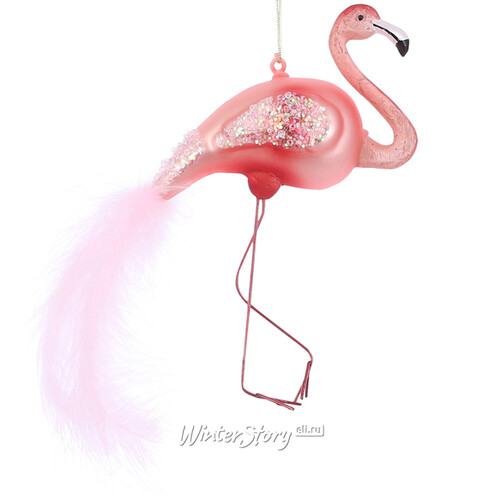 Стеклянная елочная игрушка Розовый Фламинго Шайни 13 см, подвеска Edelman