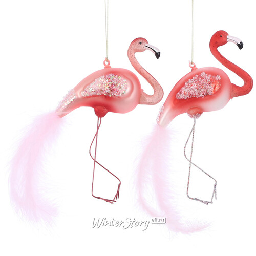 Стеклянная елочная игрушка Розовый Фламинго Шайни 13 см, подвеска Edelman