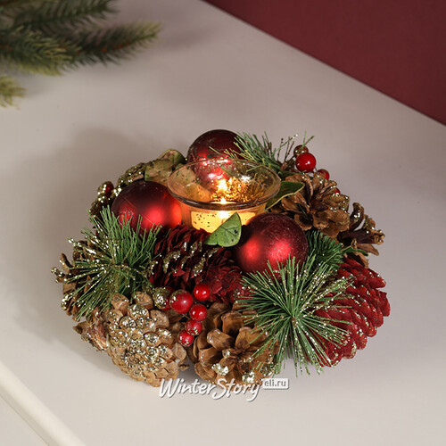 Новогодний подсвечник с шишками и ягодами Рождественский Лес 19 см Edelman