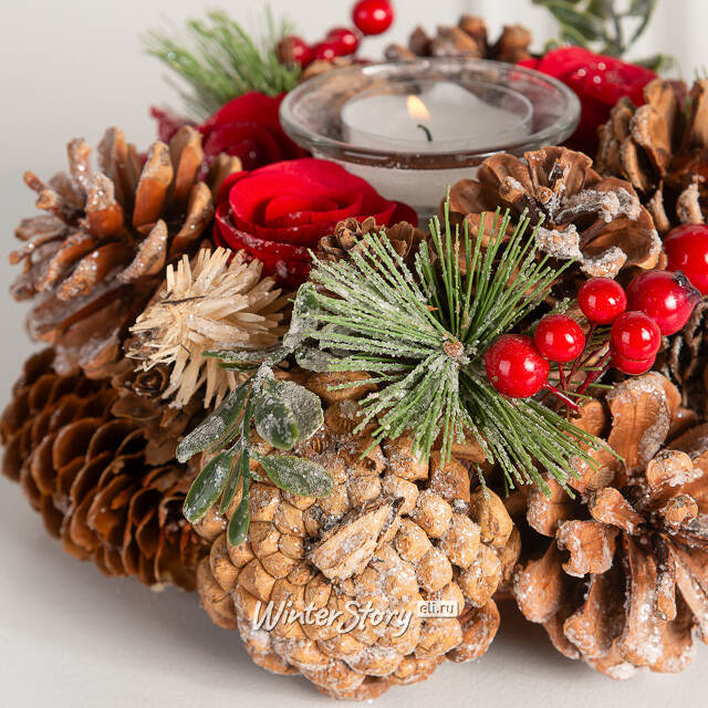 Новогодний подсвечник с шишками и розами Лесная Романтика 19 см Edelman