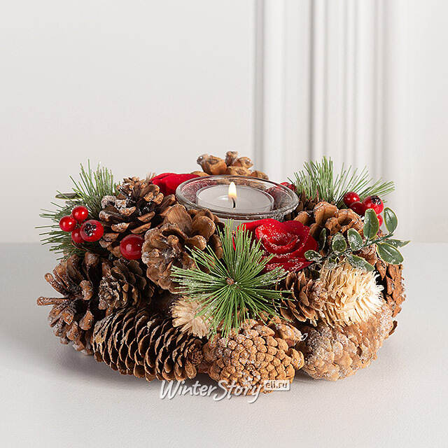 Новогодний подсвечник с шишками и розами Лесная Романтика 19 см Edelman