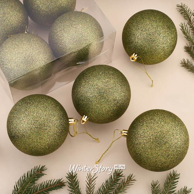 Елочные шары Либерти 10 см зеленый мох с блестками, 4 шт, пластик Winter Deco