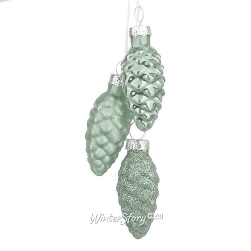 Стеклянная елочная игрушка гроздь Сосновые Шишки 6 см светло-зеленая Edelman