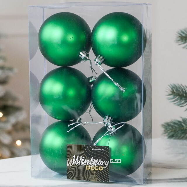 Елочные шары под нанесение Рондо 8 см, 6 шт, зелёные матовые, пластик Winter Deco
