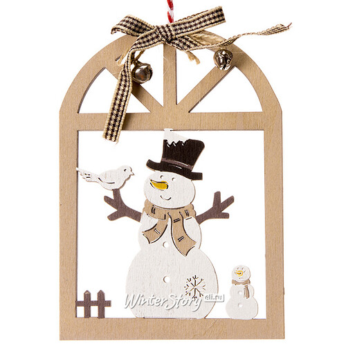 Подвесное украшение Снеговик в окошке 21*10 см светло-коричневый Hogewoning