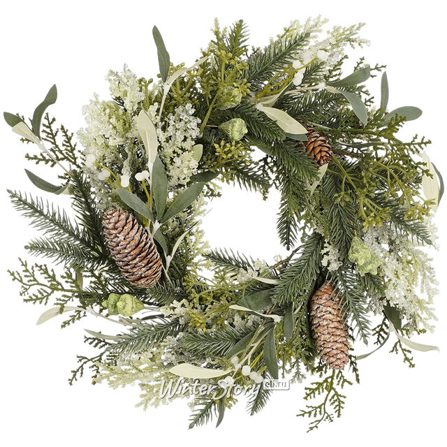 Венок-подсвечник Alva 35 см с шишками и белыми цветами Edelman