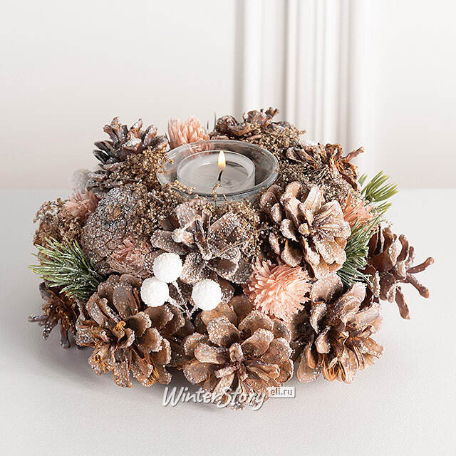 Новогодний подсвечник с шишками и ягодами Магический Лес 19 см Edelman