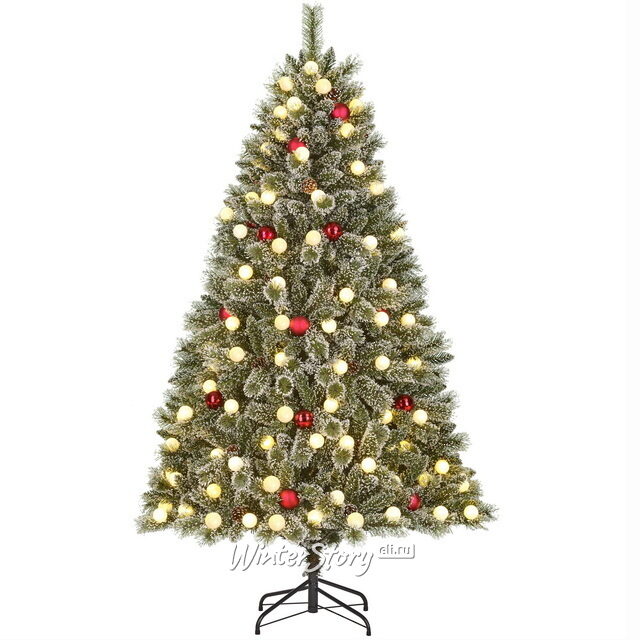 Искусственная елка с лампочками Kaprun Red заснеженная 180 см, 140 теплых белых LED ламп, ЛЕСКА + ПВХ Edelman